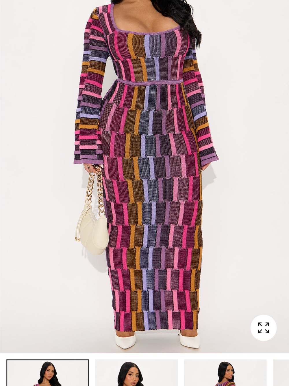Fashion Nova Multicolor Striped Knit Maxi Dress in Pink, Purple & Brown